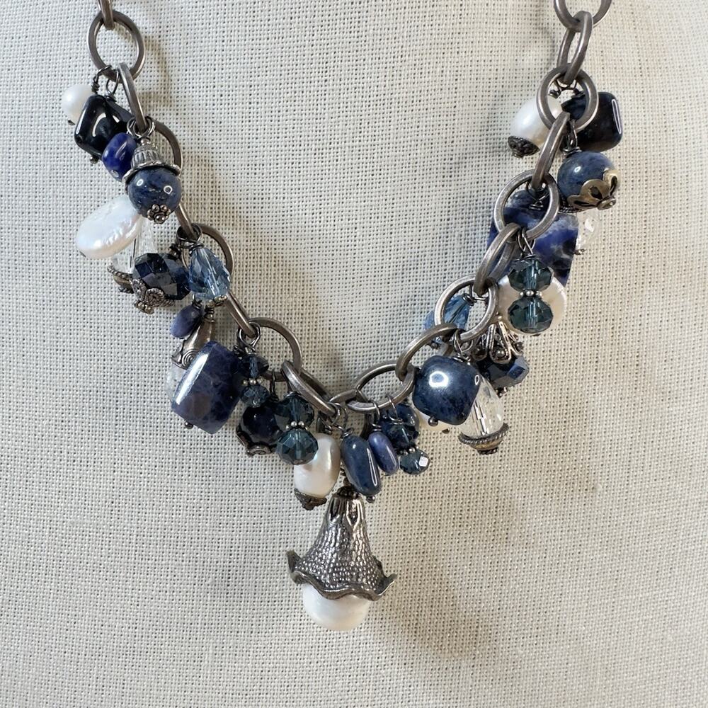 Artisan Sterling Silver Necklace Multicolor Glass Stone Pearl Briolette Beads